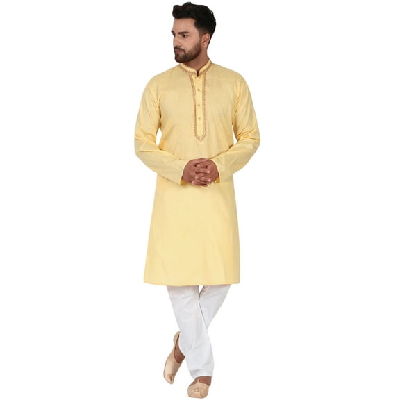 SKAVIJ Kurta Pajama Set for Men Long Sleeve Cotton Evening Dress Beige S