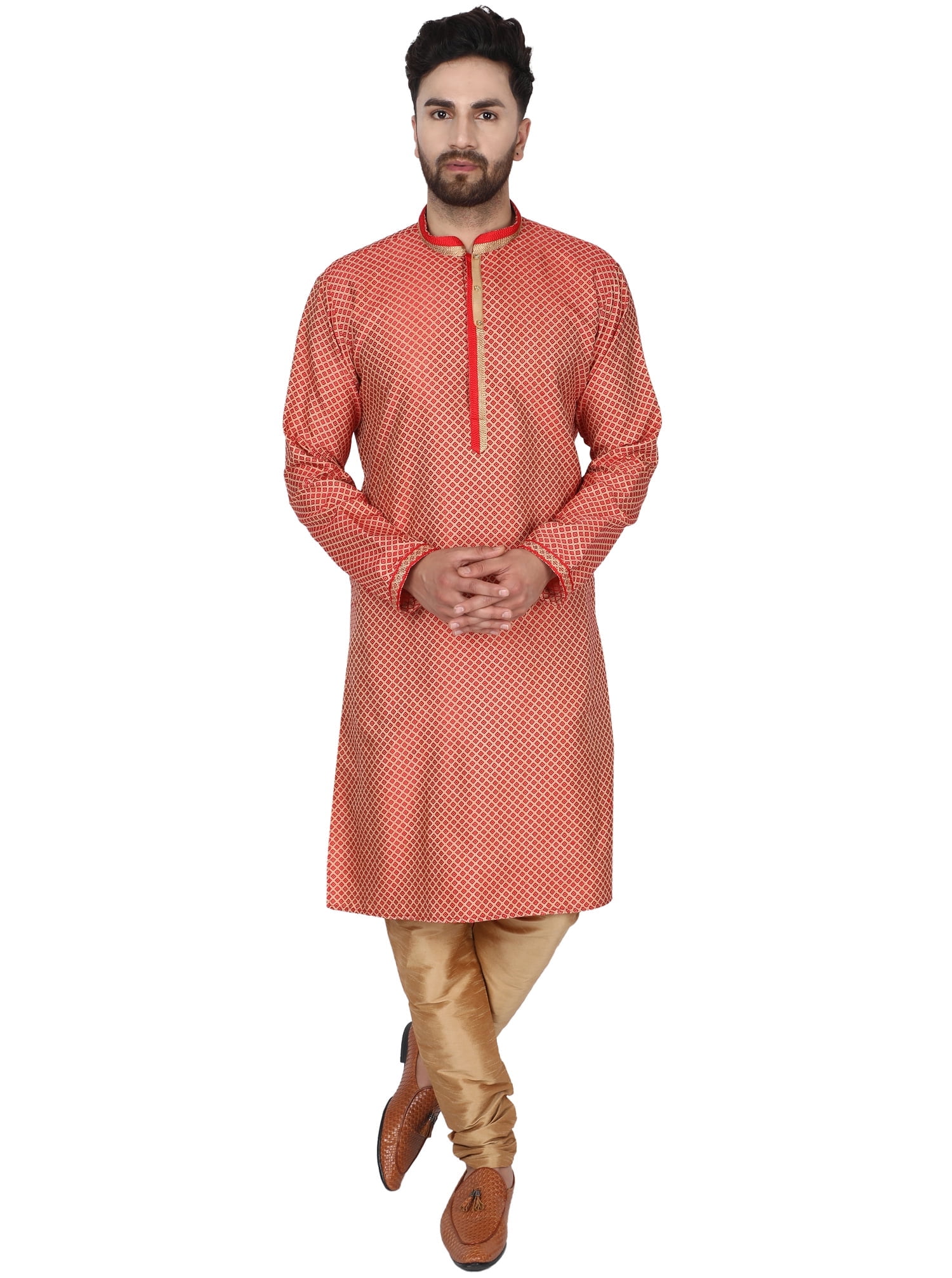 SKAVIJ Uomo Tunica Seta d'Arte Kurta Pigiama Set Beige_M