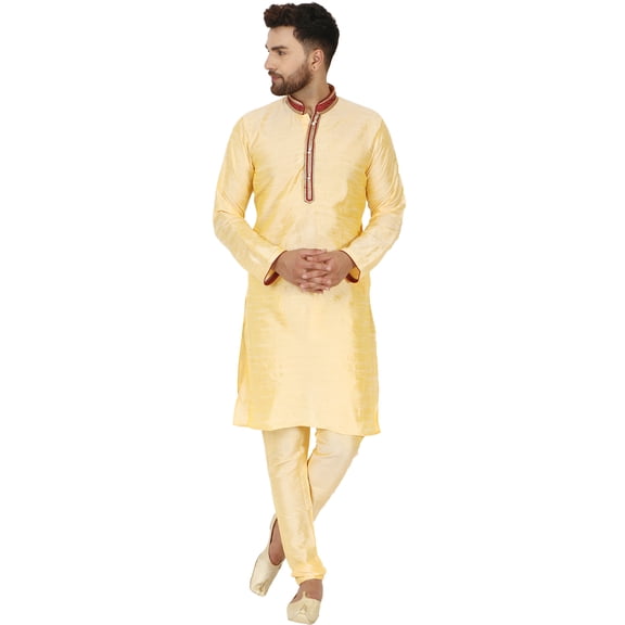 SKAVIJ Kurta Set for Men Long Sleeve Traditional Wear Dress Beige S