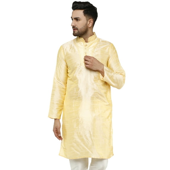 SKAVIJ Kurta for Men Art Silk Embroidered Long Shirt Indian Wedding Small Beige