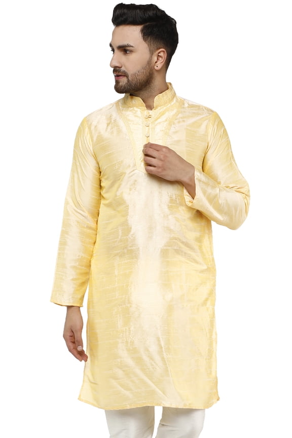 Kurta for Men Art Silk Embroidered Long Shirt Indian Wedding Small Beige