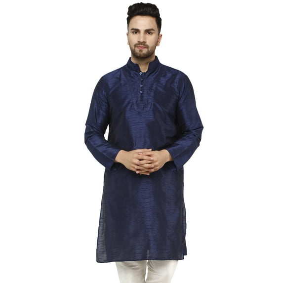 SKAVIJ Kurta for Men Art Silk Embroidered Long Shirt Indian Wedding X-Large Blue