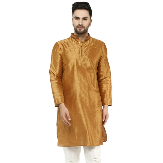 SKAVIJ Kurta for Men Art Silk Embroidery Long Shirt Indian Wedding Dress Only Kurta Brown, X-Large