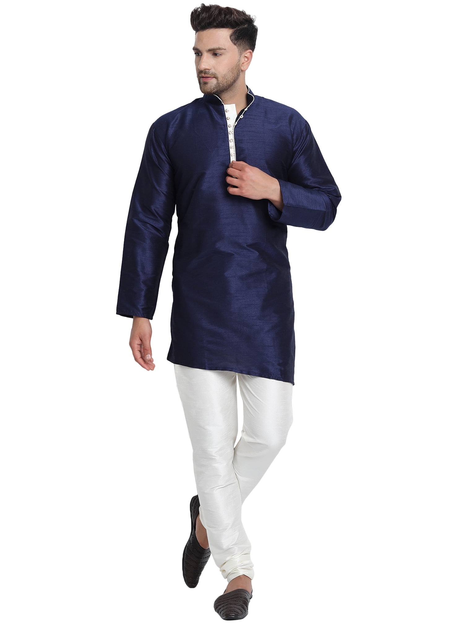 SKAVIJ Uomo Tunica Seta d'Arte Kurta Pigiama Set Blu_S