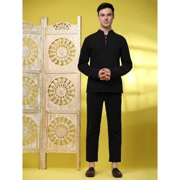 SKAVIJ Men's 2 Pieces Handloom Cotton Shirt Pant set Casual Long Sleeve Short Length Wooden Button Henley Summer Yoga Outfits (Large,Black)