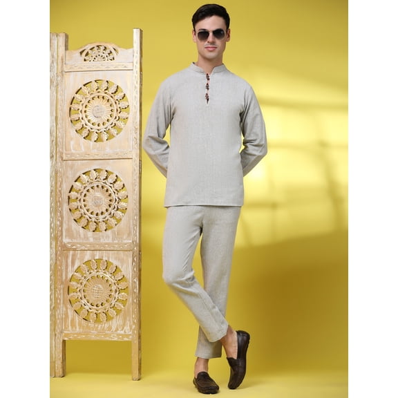 SKAVIJ Men's 2 Pieces Handloom Cotton Shirt Pant set Casual Long Sleeve Short Length Wooden Button Henley Summer Yoga Outfits (X-Large,Grey)