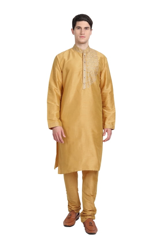 Men's Art Silk Embroidered Kurta Pajama Set Party Dress Gold S