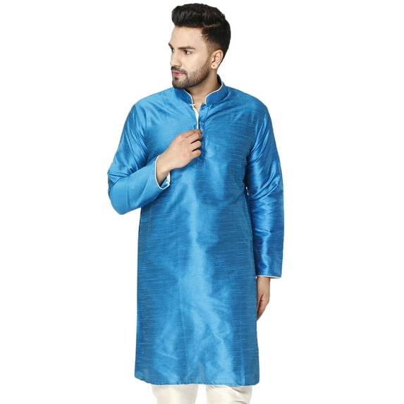 SKAVIJ Men's Art Silk Indian Wedding Long Kurta Regula Fit (Large, Turquoise)