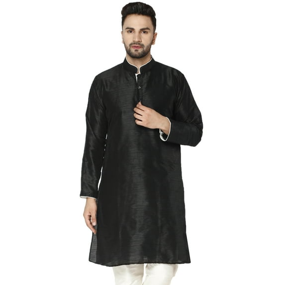 SKAVIJ Men's Art Silk Indian Wedding Long Kurta Regula Fit (Medium, Black)