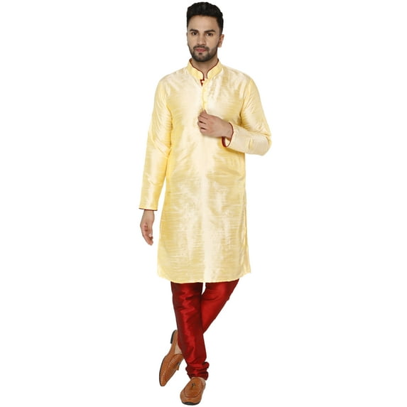 SKAVIJ Men's Art Silk Kurta Pajama Set Indian Traditional Wear Dress Beige XL