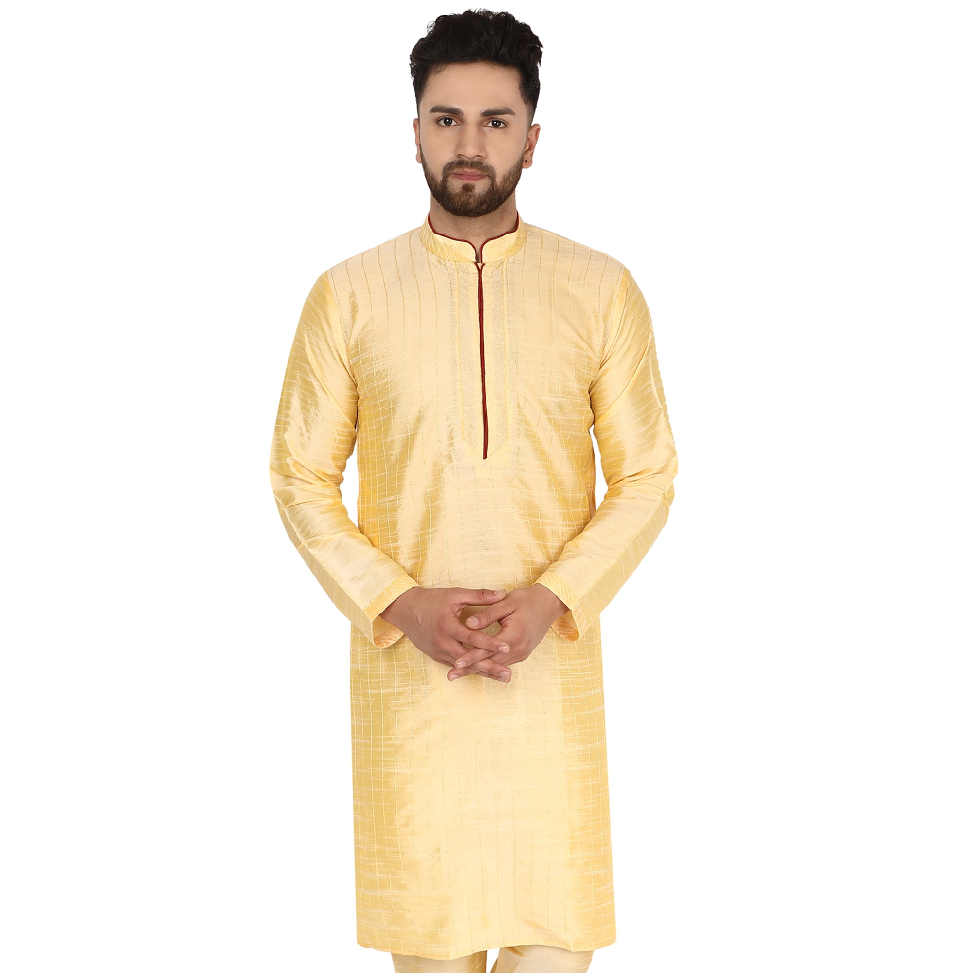 SKAVIJ Men's Art Silk Kurta Top Indian Wedding Casual Long Shirt Small Beige