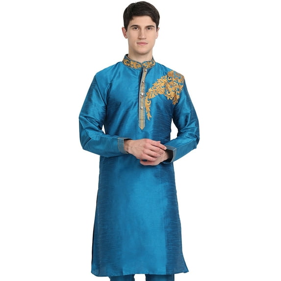 SKAVIJ Men's Art Silk Kurta Top Indian Wedding Casual Long Shirt (Small, Turquoise)