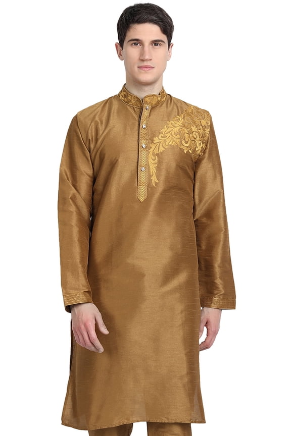 Men's Art Silk Kurta Top Indian Wedding Casual Long Shirt X-Large Brown