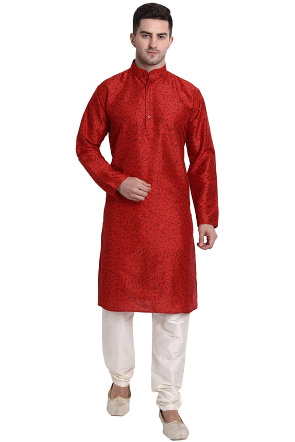 Men's Art Silk Printed Kurta Pajama Set Festive Wear Suit Red S