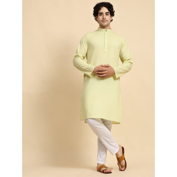 SKAVIJ Men's Casual Cotton Regular Fit Ethnic Wear Kurta Pyjama Set for Yoga Everyday Day Outfit Lemon M