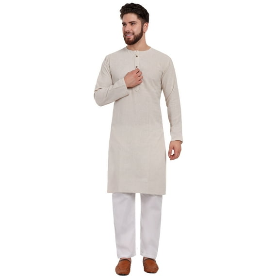 SKAVIJ Men's Cotton 2 Piece Set Casual Henley Shirts with Trouser Round Neck Long Sleeve Regular Outfit (Medium,Offwhite)