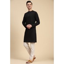 SKAVIJ Men's Cotton 2 Piece Set Casual Straight Longline Round Neck Shirt Solid Pant Regular Outfit (Large,Black)