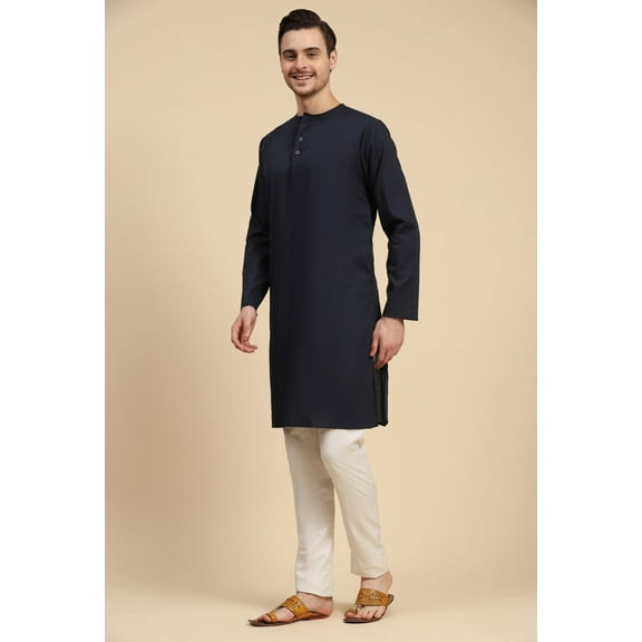 SKAVIJ Men's Cotton 2 Piece Set Casual Straight Longline Round Neck Shirt Solid Pant Regular Outfit (Medium,Blue)