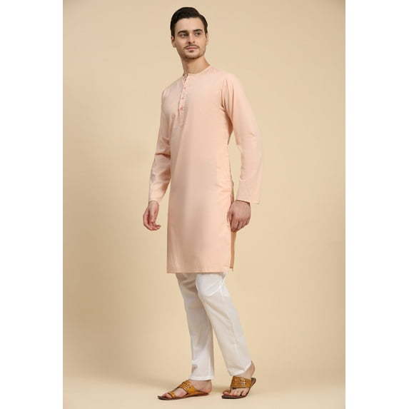 SKAVIJ Men's Cotton 2 Piece Set Casual Straight Longline Round Neck Shirt Solid Pant Regular Outfit (Medium,Pink)