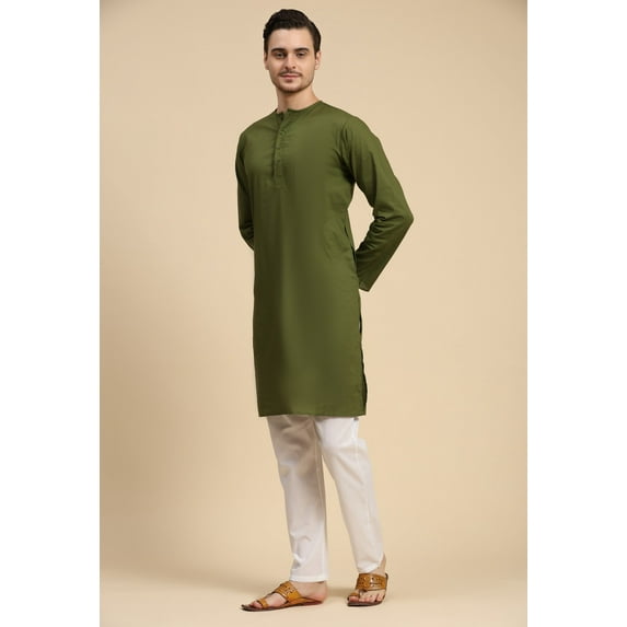 SKAVIJ Men's Cotton 2 Piece Set Casual Straight Longline Round Neck Shirt Solid Pant Regular Outfit (Small,Olive Green)