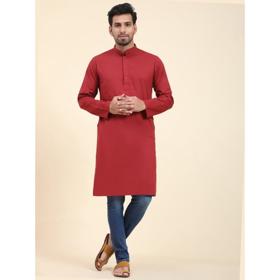 SKAVIJ Men's Cotton Linen Henley Shirt Longline Long Sleeve Mandararin Collar Hippie Casual Beach T Shirts (Small, Red)