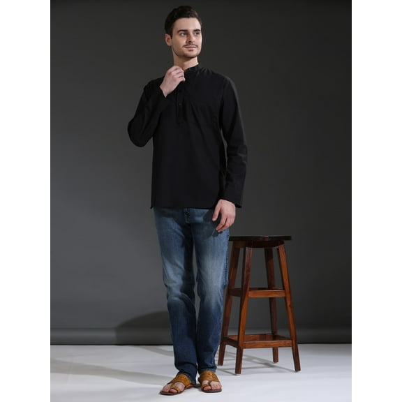 SKAVIJ Men's Cotton Long Sleeve Casual Henley Shirt Band Collar Summer Beach Hippie T-Shirt Vacation Tops with Pocket (Medium,Black)