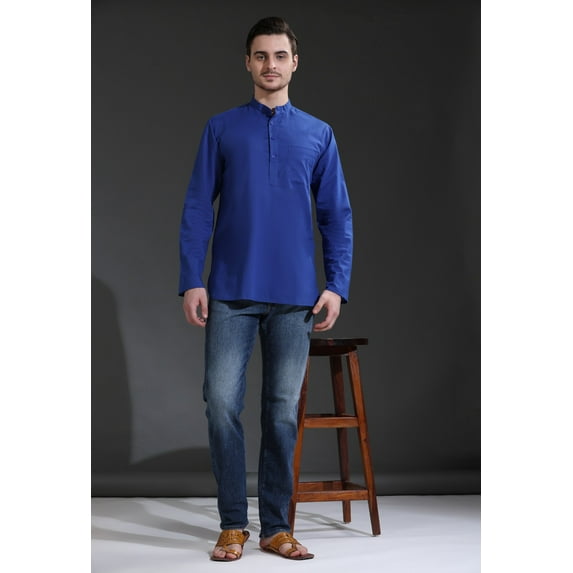 SKAVIJ Men's Cotton Long Sleeve Casual Henley Shirt Band Collar Summer Beach Hippie T-Shirt Vacation Tops with Pocket (Medium,Royal Blue)