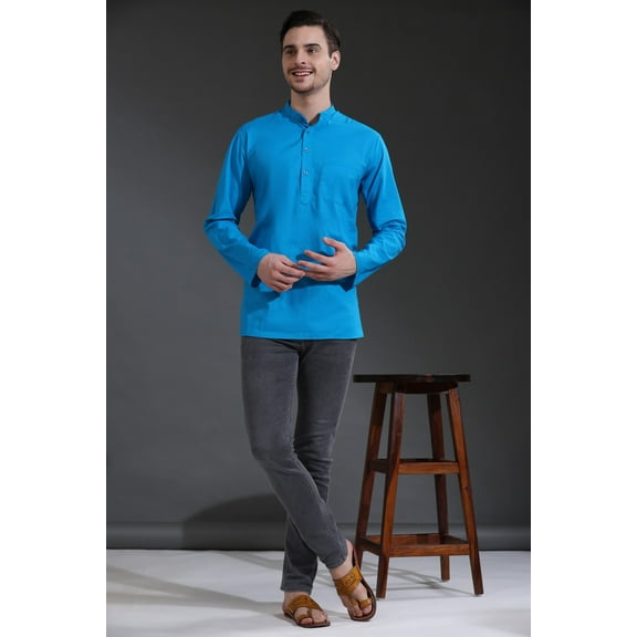 SKAVIJ Men's Cotton Long Sleeve Casual Henley Shirt Band Collar Summer Beach Hippie T-Shirt Vacation Tops with Pocket (Small,Turquoise)