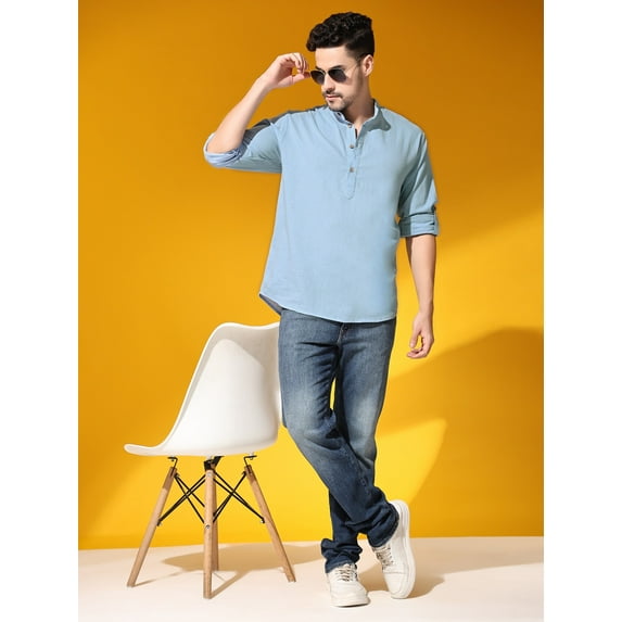 SKAVIJ Men's Cotton Long Sleeve Mandarin Color Casual Shirt For Men Solid Round Neck Ethnic Yoga Outfit