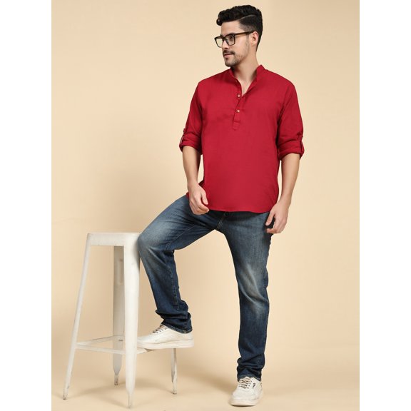 SKAVIJ Men's Cotton Long Sleeve Mandarin Color Casual Shirt For Men Solid Round Neck Ethnic Yoga Outfit