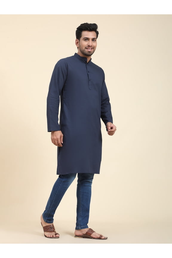 Men's Cotton Longline Henley Shirt Long Sleeve Mandararin Collar Hippie Casual Beach T Shirts (Medium,Blue)
