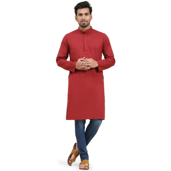 SKAVIJ Men's Cotton Longline Henley Shirt Long Sleeve Mandararin Collar Hippie Casual Beach T Shirts (Medium,Red)