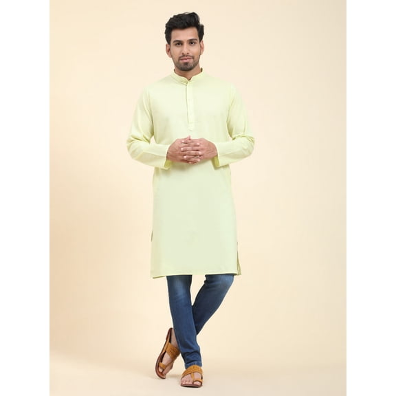 SKAVIJ Men's Cotton Longline Henley Shirt Long Sleeve Mandararin Collar Hippie Casual Beach T Shirts (Small,Lemon)