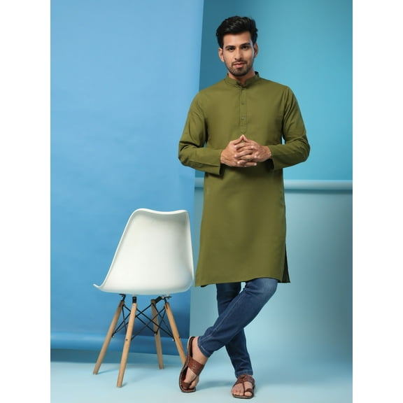 SKAVIJ Men's Cotton Longline Henley Shirt Long Sleeve Mandararin Collar Hippie Casual Beach T Shirts (X-Large,Green)