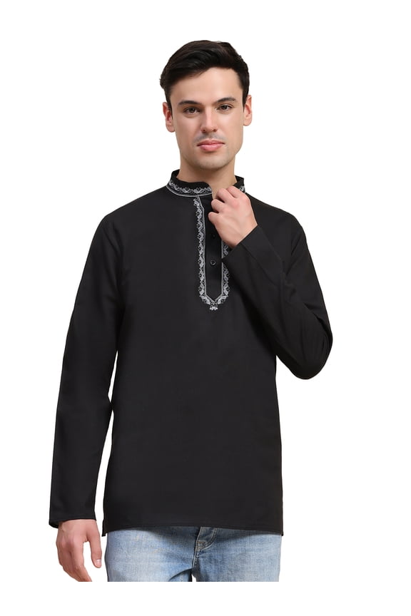 Men's Cotton Short Kurta Shirt Round Neck Tunic Regular Fit (Small, Black)