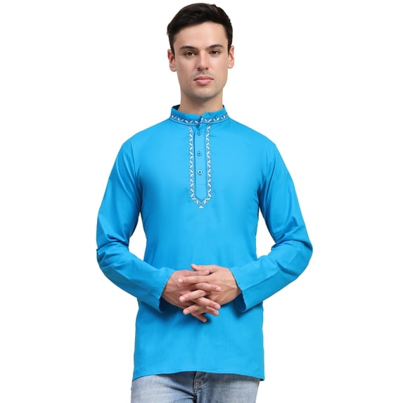 SKAVIJ Mens Cotton Embroidered Shirt Casual Long Sleeve Button Down Shirts Summer Beach Tops (Small, Turquoise)