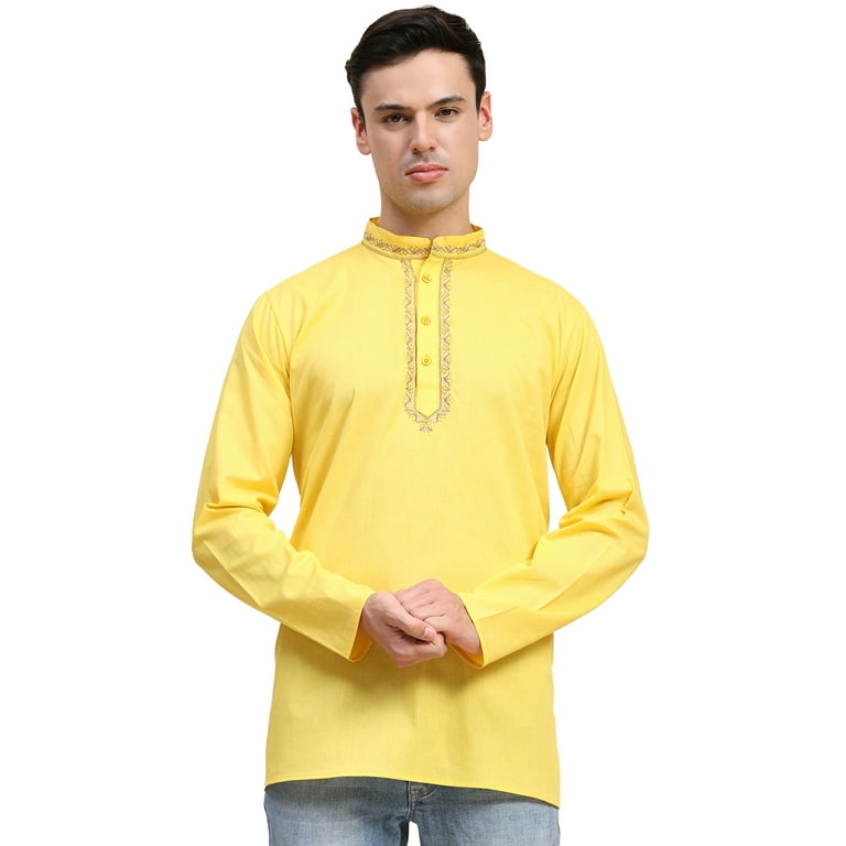SKAVIJ Men s Cotton Short Kurta Shirt Round Neck Tunic Regular Fit X Large Yellow Walmart