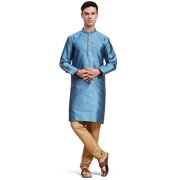 SKAVIJ Mens Embroidered Kurta Pajama Set Jacquard Silk Ethnic Motifs 2-Piece Set Small, Turquoise