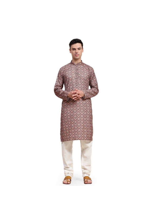 Men’s Ethnic Motifs Sequined Kurta Pajama Paisley Embroidered 2-Piece Set (Small, Red)