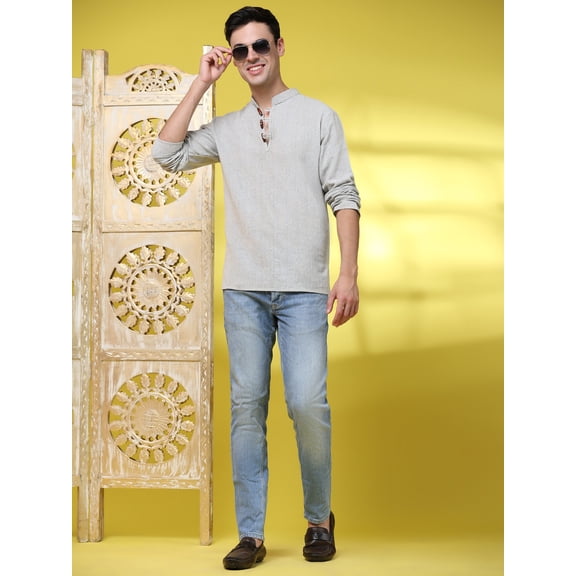 SKAVIJ Men’s Handloom Cotton Henley Casual Long Sleeve Wooden Loop Button Casual Summer Yoga Outfits