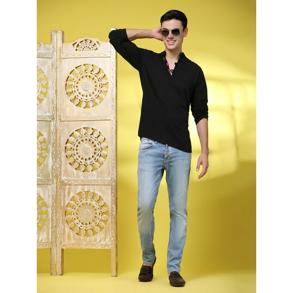 SKAVIJ Men’s Handloom Cotton Henley Casual Long Sleeve Wooden Loop Button Casual Summer Yoga Outfits