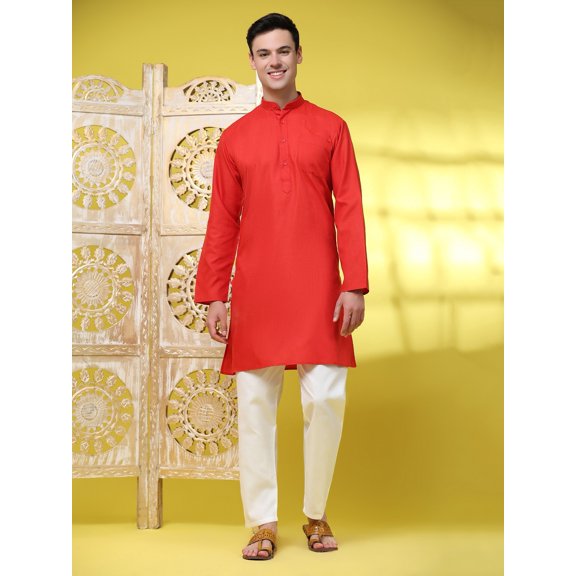 SKAVIJ Men's Handloom Cotton Henley Shirts Long Sleeve Mandarin Collar Longline Yoga Shirts with Pant Summer Outfit (Large,Red)