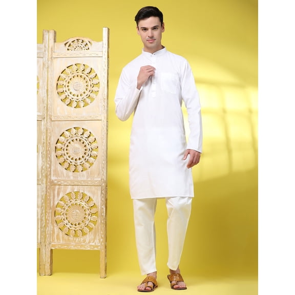 SKAVIJ Men's Handloom Cotton Henley Shirts Long Sleeve Mandarin Collar Longline Yoga Shirts with Pant Summer Outfit (Large,White)