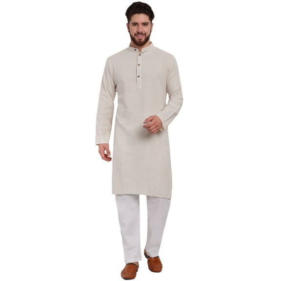 SKAVIJ Men's Handmade Cotton Henley Shirts with Trouser Long Sleeve Longline Summer Yoga T Shirts with Pocket (Large,Offwhite)