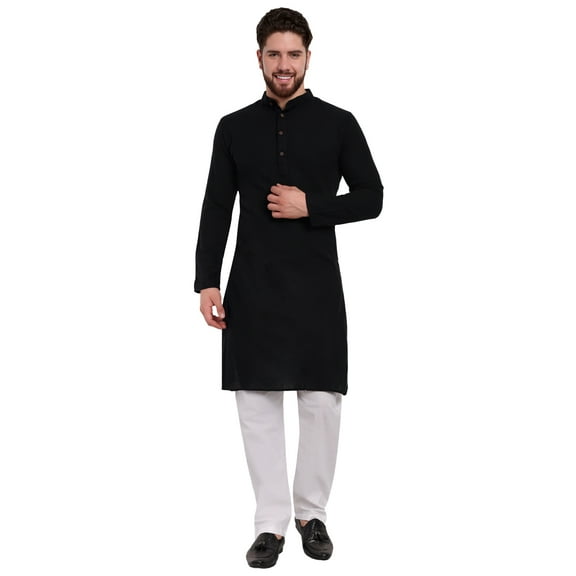 SKAVIJ Men's Handmade Cotton Henley Shirts with Trouser Long Sleeve Longline Summer Yoga T Shirts with Pocket (Small,Black)