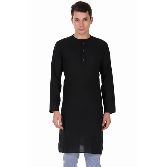 SKAVIJ Men's Handmade Cotton Longline Casual Henley Shirts Long Sleeve Round Neck Summer Hippie T Shirts with Pocket (Medium, Black)