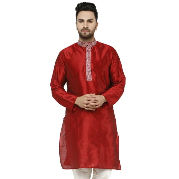 SKAVIJ Men's Indian Art Silk Kurta Wedding Party Casual Long Shirt (x-Large Red)