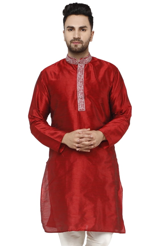 Men's Indian Art Silk Kurta Wedding Party Casual Long Shirt (x-Large Red)