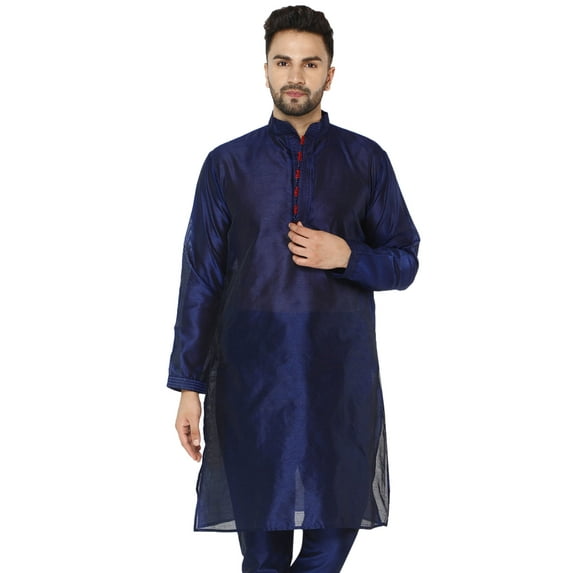 SKAVIJ Men's Indian Art Silk Long Top Casual Crew Neck Party Kurta (Small, Blue)
