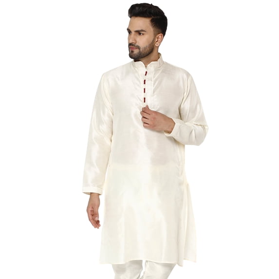 SKAVIJ Men's Indian Art Silk Long Top Casual Crew Neck Party Kurta (x-Large, OffWhite)